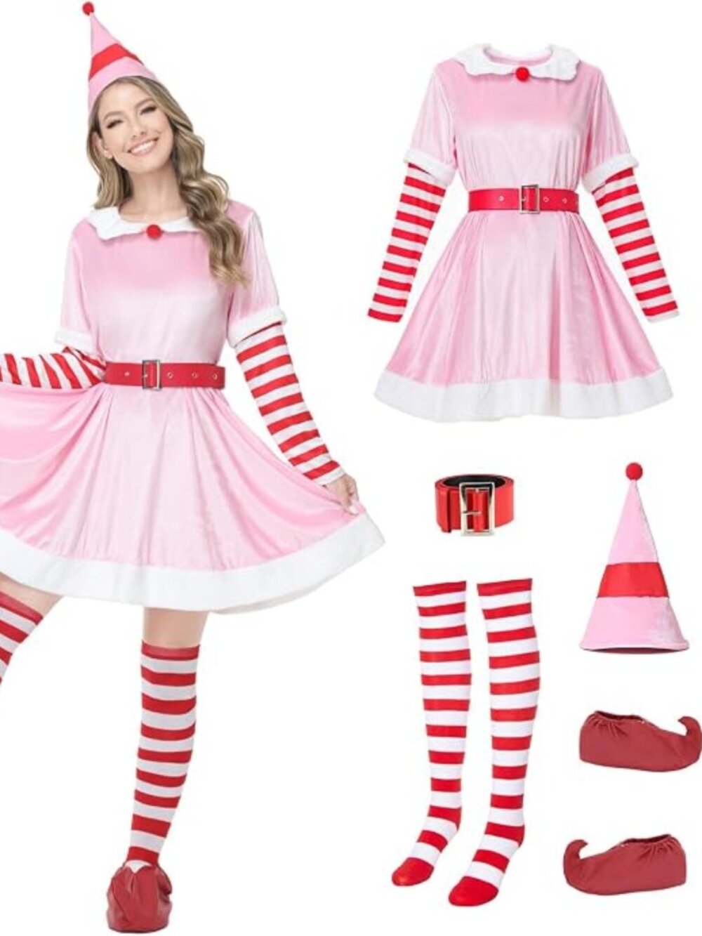Women’s Christmas Elf Costume Pink Striped 5 Piece Set Small NWT